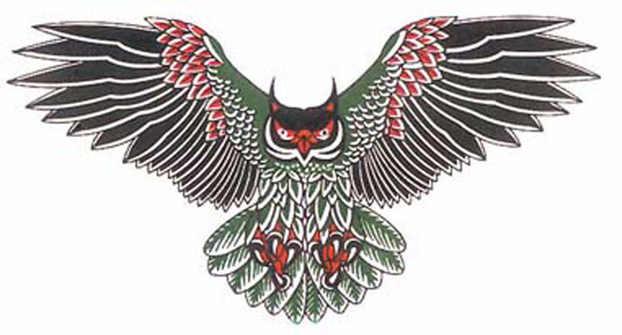 Colorful Traditional Flying Owl Tattoo Design