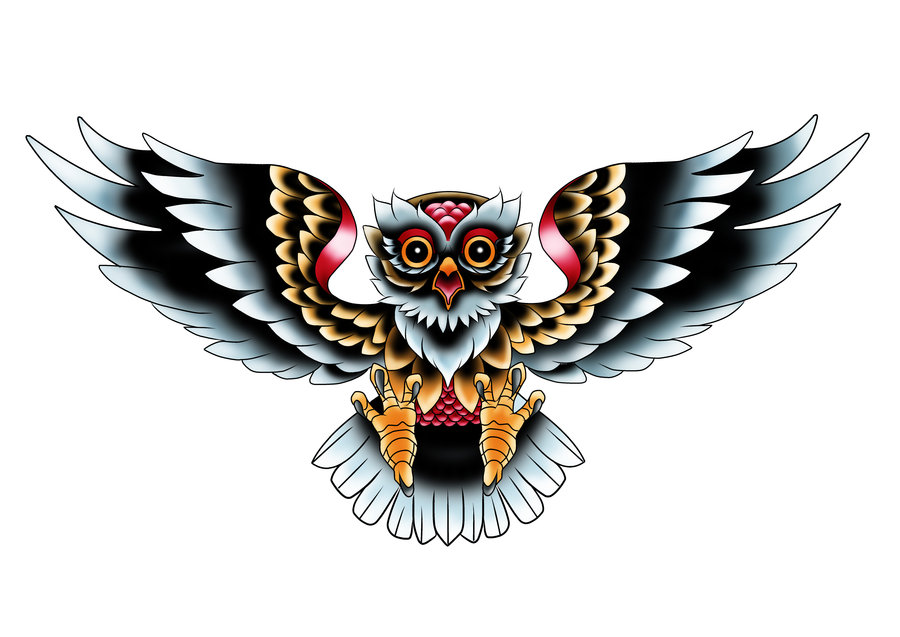 Colorful Traditional Flying Owl Tattoo Design