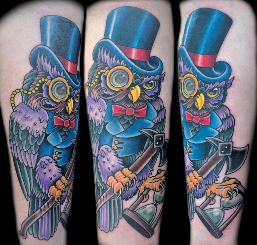 Colorful Traditional Gentleman Owl With Hourglass Tattoo Design For Sleeve