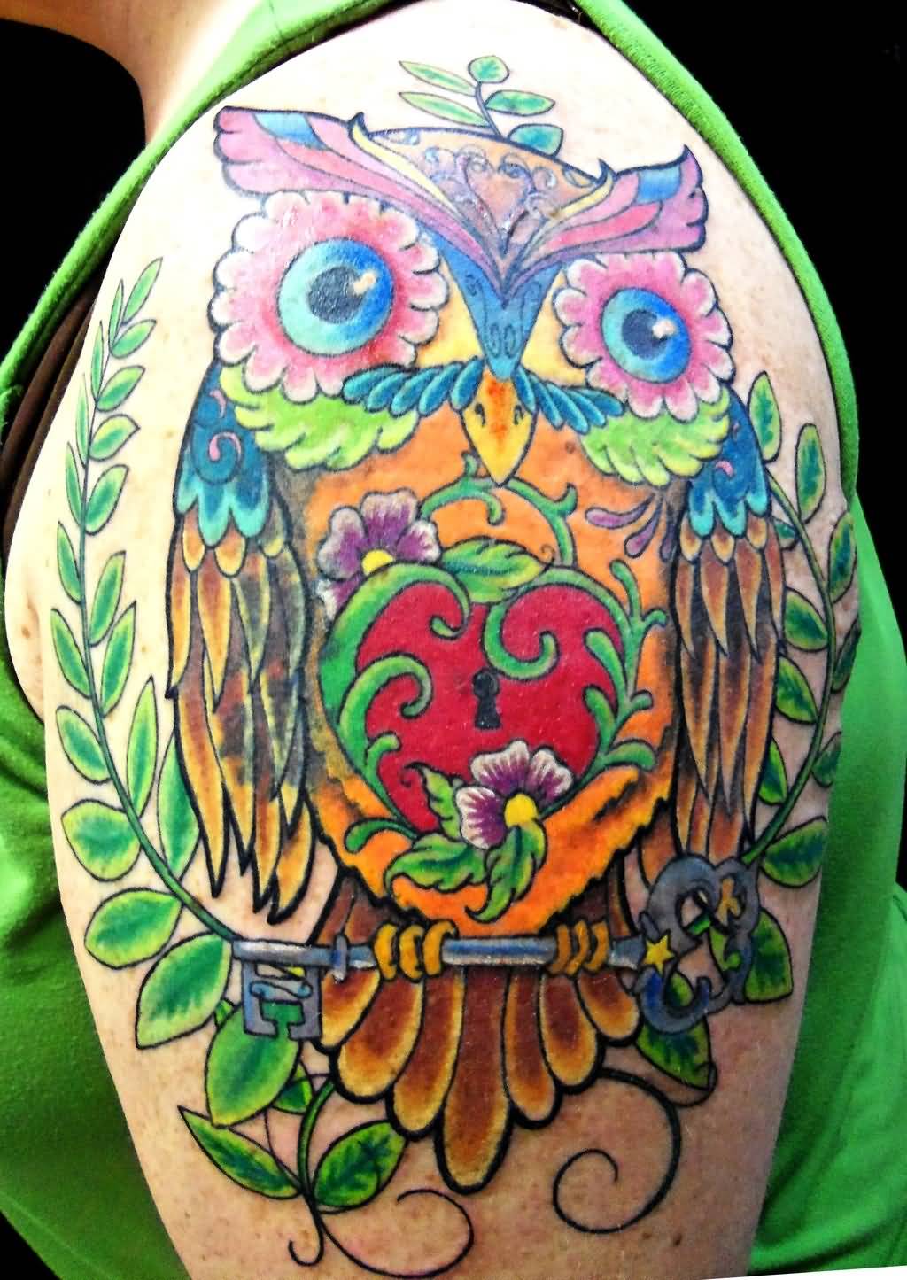 Colorful Traditional Heart Owl With Key Tattoo On Left Shoulder