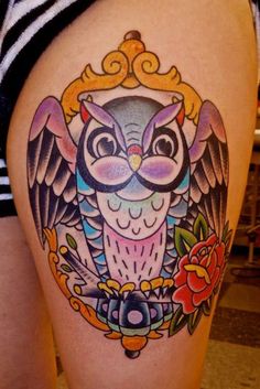 Colorful Traditional Owl In Frame Tattoo On Thigh