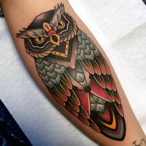 Colorful Traditional Owl Tattoo Design For Forearm