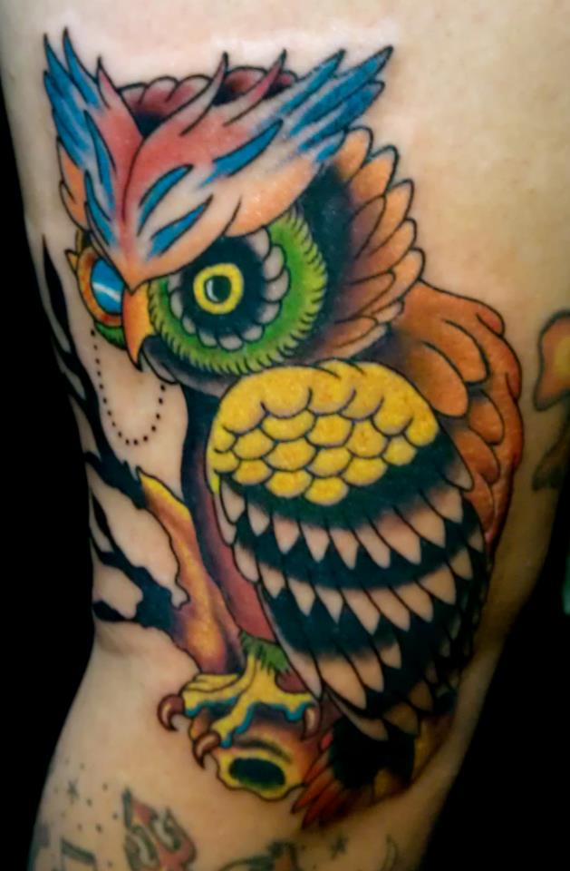 Colorful Traditional Owl Tattoo Design For Full Sleeve