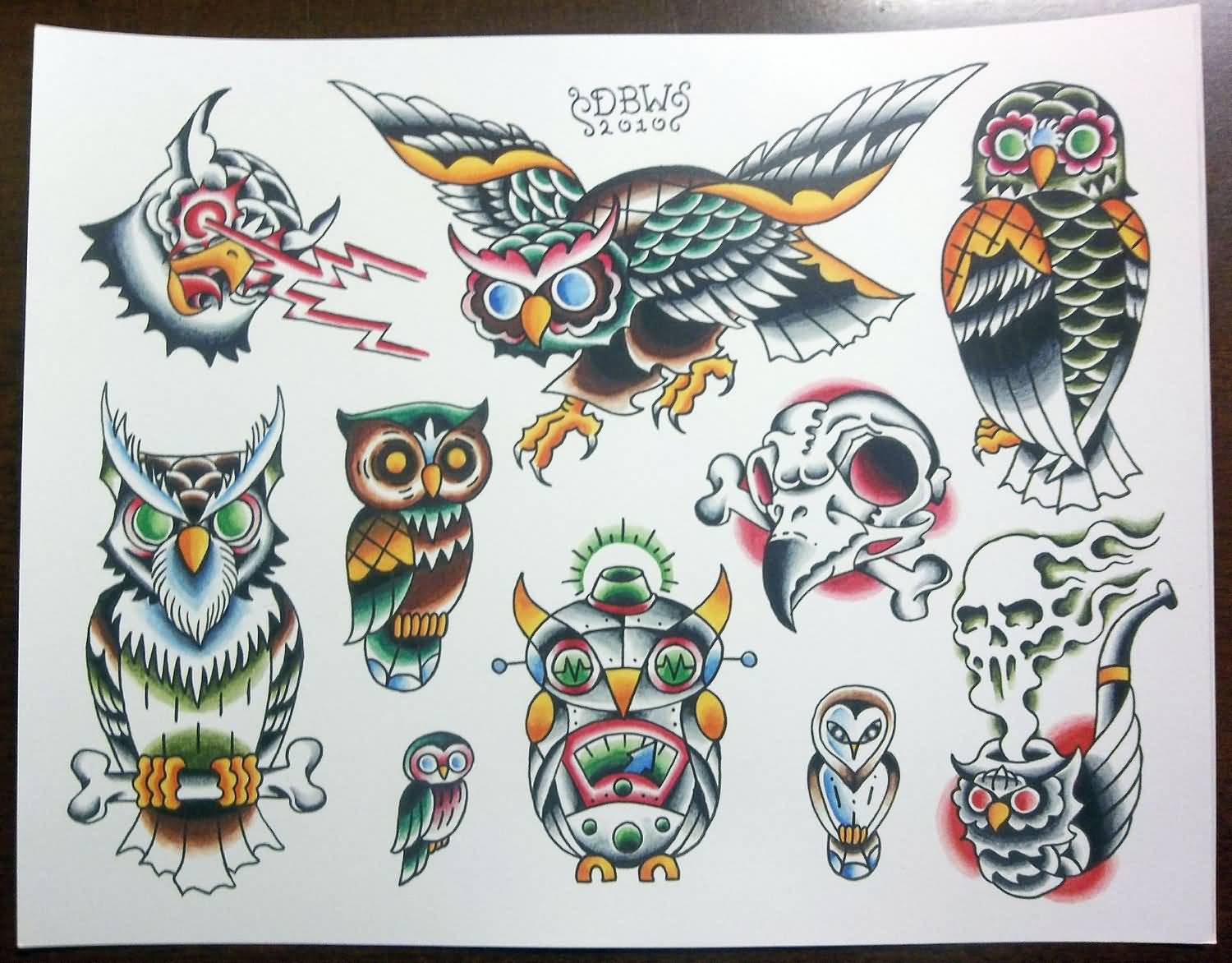 Colorful Traditional Owl Tattoo Flash