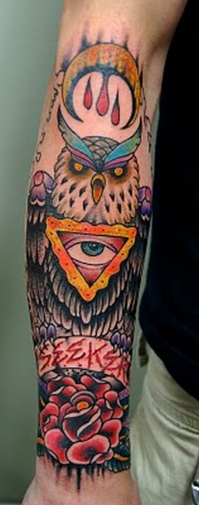 Colorful Traditional Owl Tattoo On Right Arm