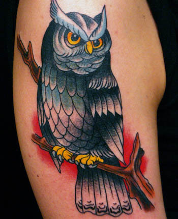 Colorful Traditional Owl Tattoo On Right Half Sleeve