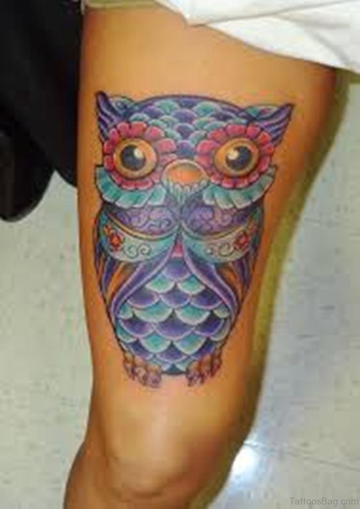 Colorful Traditional Owl Tattoo On Thigh