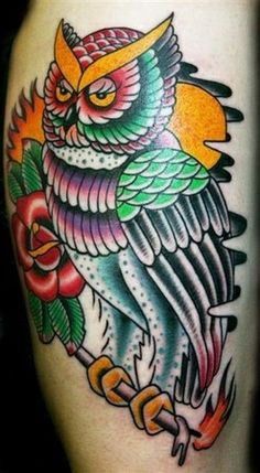 Colorful Traditional Owl With Flower Tattoo Design For Leg Calf