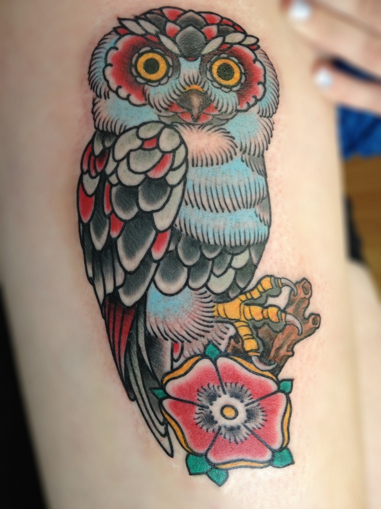 Colorful Traditional Owl With Flower Tattoo Design For Side Rib