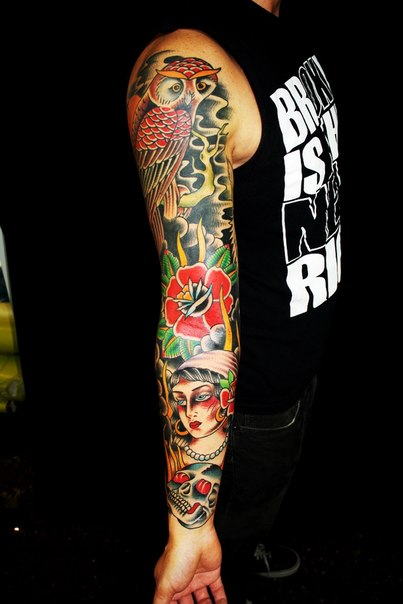 Colorful Traditional Owl With Flowers And Girl Face Tattoo On Right Full Sleeve