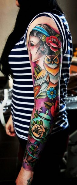 Colorful Traditional Owl With Girl Face And Flowers Tattoo On Girl Left Full Sleeve By Mark Halbstark