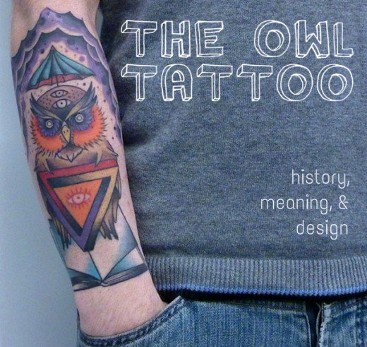Colorful Traditional Owl With Penrose Illuminati Eye Tattoo On Man Right Arm