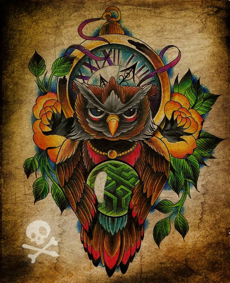 Colorful Traditional Owl With Pocket Watch With Flowers Tattoo Design