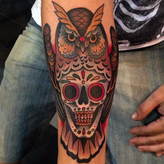 Colorful Traditional Owl With Skull Tattoo Design For Forearm By Rod Liber