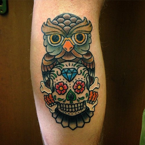 Colorful Traditional Owl With Sugar Skull Tattoo Design For Leg Calf