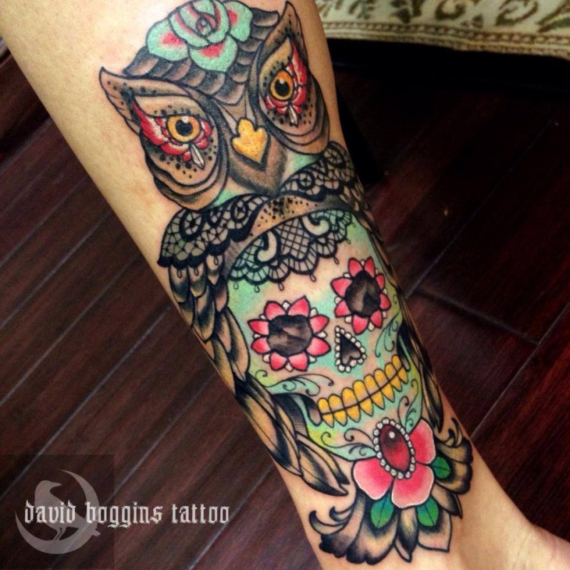 Colorful Traditional Owl With Sugar Skull Tattoo On Leg By David Boggins