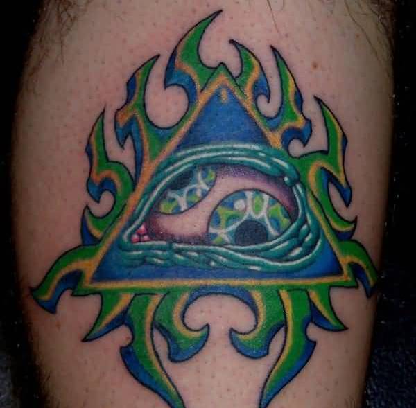 Colorful Traditional Triangle Eye Tattoo Design For Leg