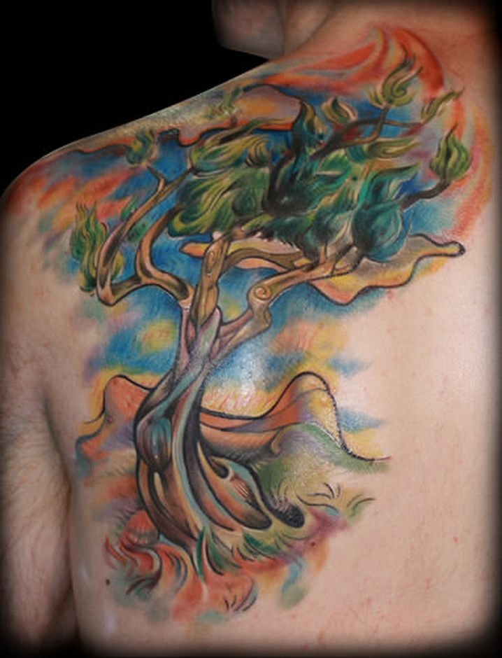 Colorful Tree Of Life Tattoo On Left Back Shoulder