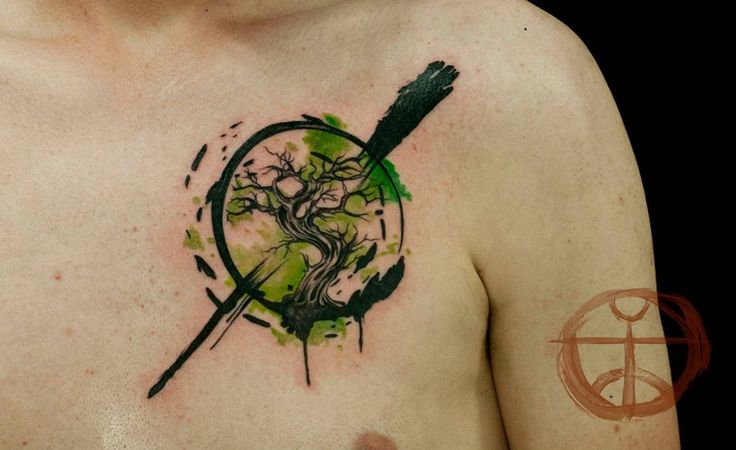 Colorful Tree Of Life Tattoo On Man Left Front Shoulder