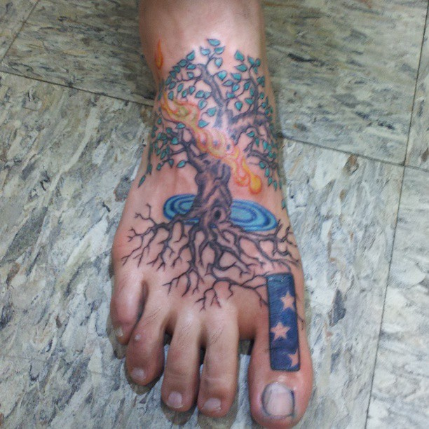 Colorful Tree Of Life Tattoo On Right Foot
