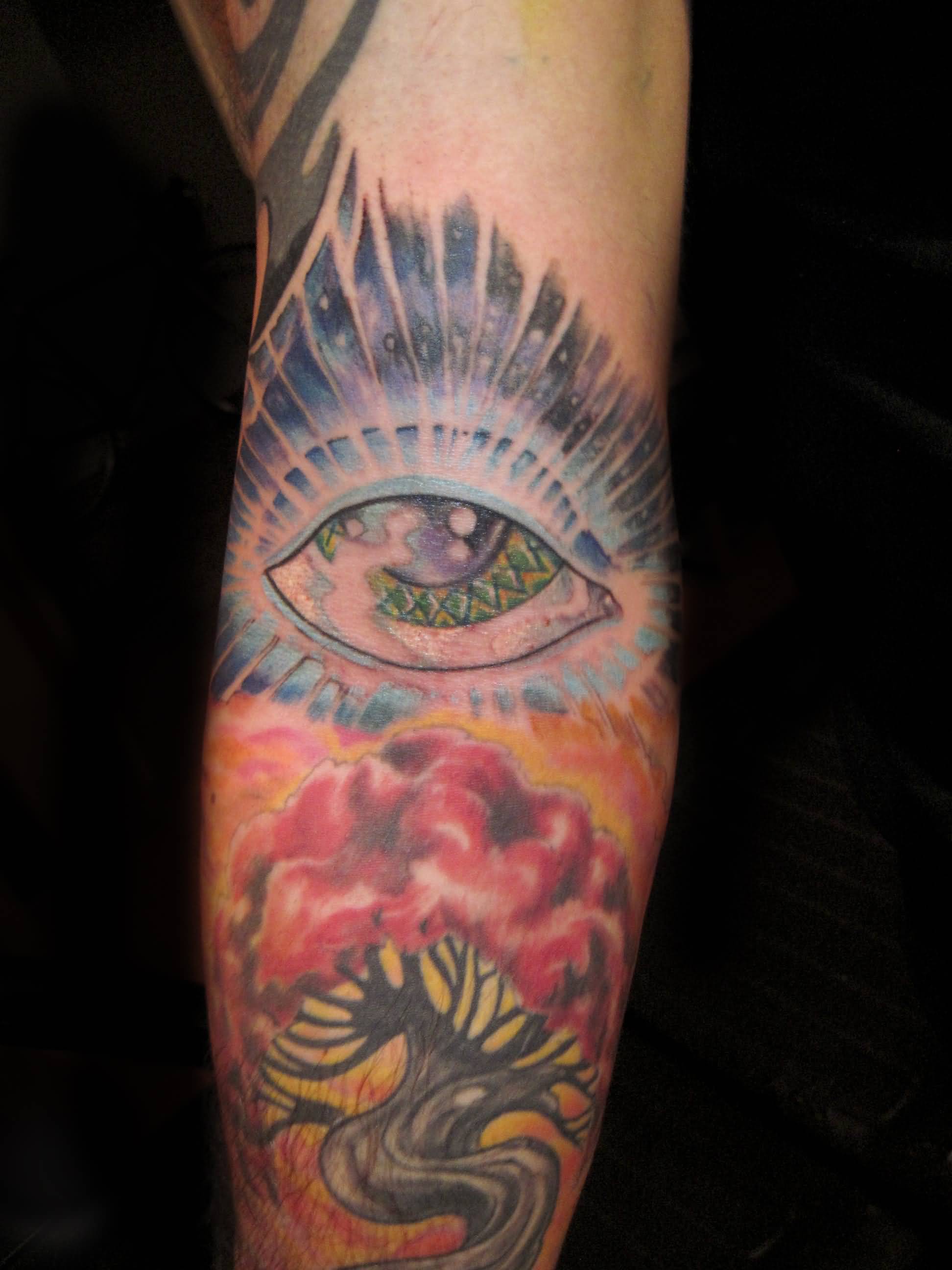 Colorful Tree Of Life With Eye Tattoo On Forearm