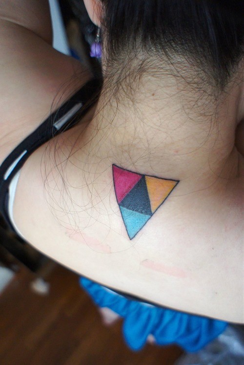 Colorful Triangle Tattoo On Girl Back Neck