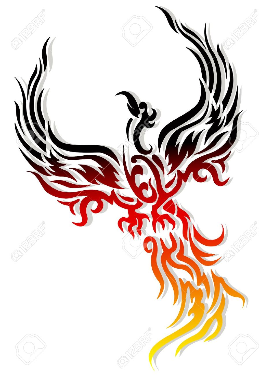 Colorful Tribal Rising Phoenix From The Ashes Tattoo Design
