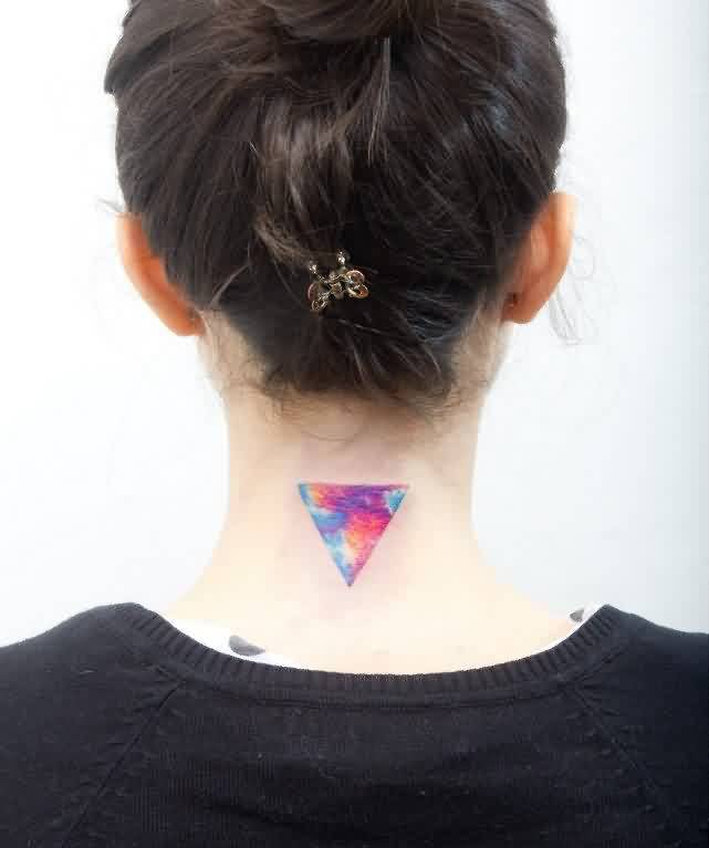 Colorful Upside Down Triangle Tattoo On Girl Back Neck By Dr Woo