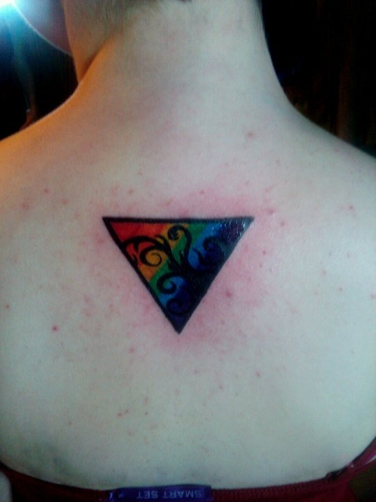 Colorful Upside Down Triangle Tattoo On Upper Back By Ross Earle