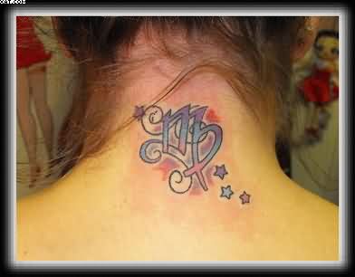 Colorful Virgo Zodiac Sign With Stars Tattoo On Back Neck