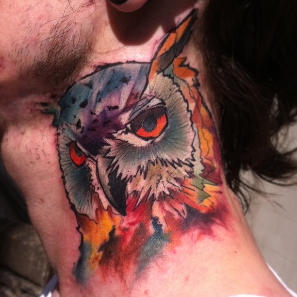 Colorful Watercolor Owl Face Tattoo On Man Left By Halasz Matyas