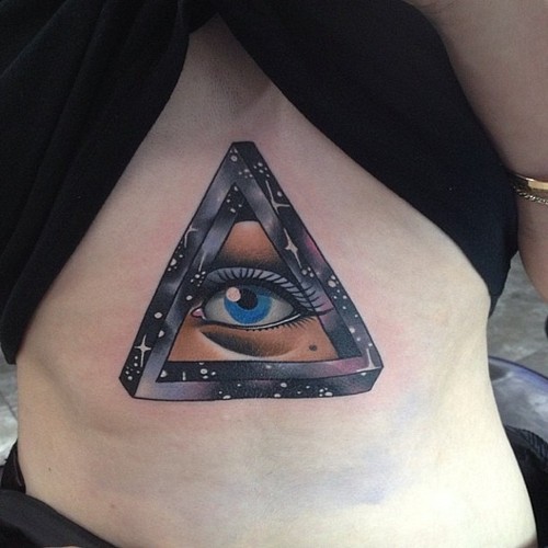 Cool 3D Eye In Triangle Tattoo On Under Chest