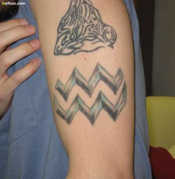 Cool Aquarius Zodiac Sign Tattoo On Left Half Sleeve