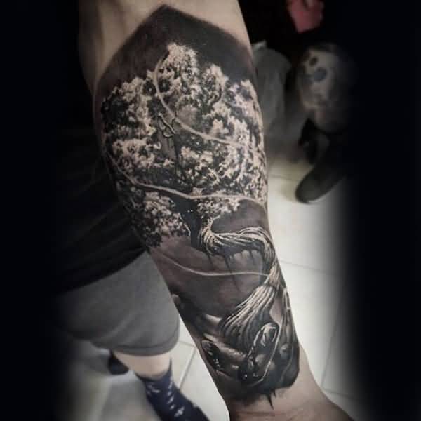 Cool Black And Grey 3D Tree Of Life Tattoo On Sleeve