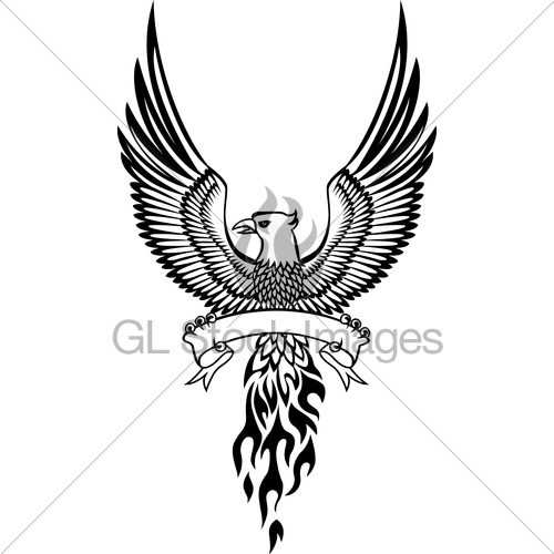 Cool Black Ink Phoenix Bird With Ribbon Tattoo Design