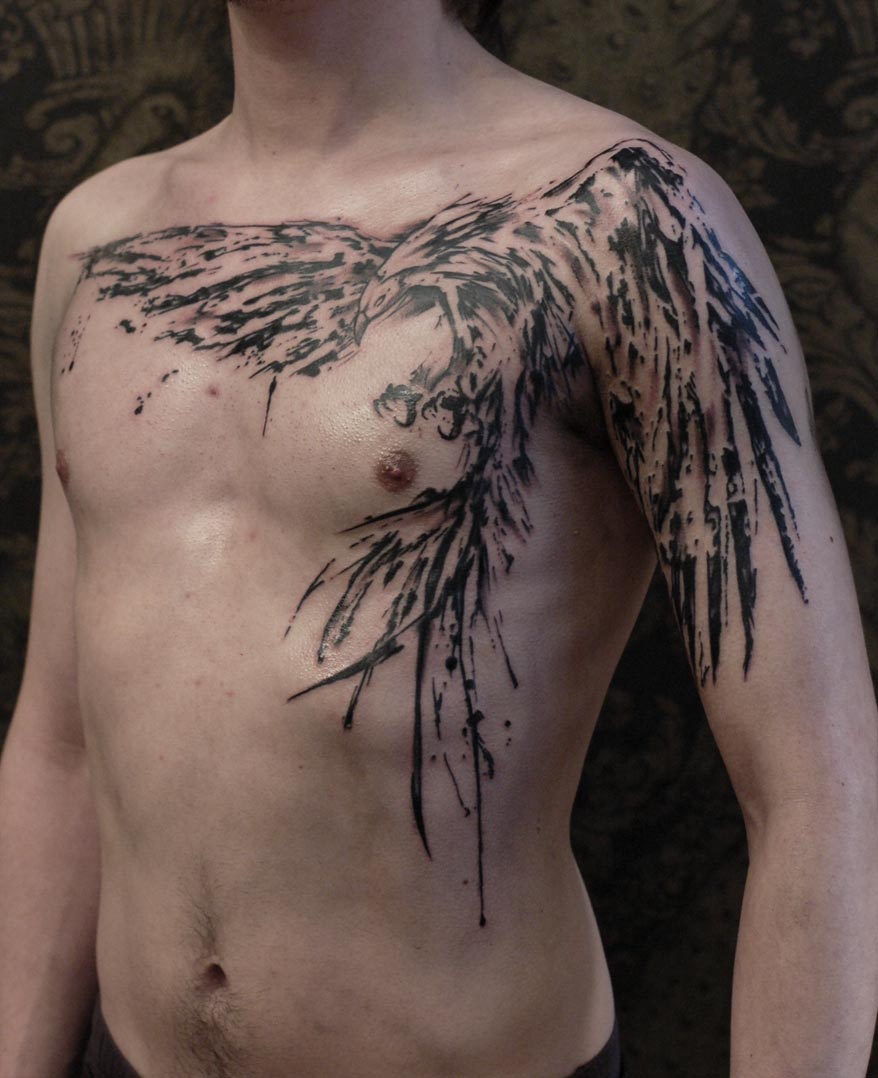 Cool Black Ink Phoenix Tattoo On Man Chest