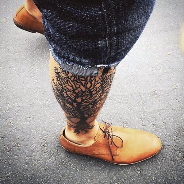 Cool Black Ink Tree Of Life Tattoo On Right Leg