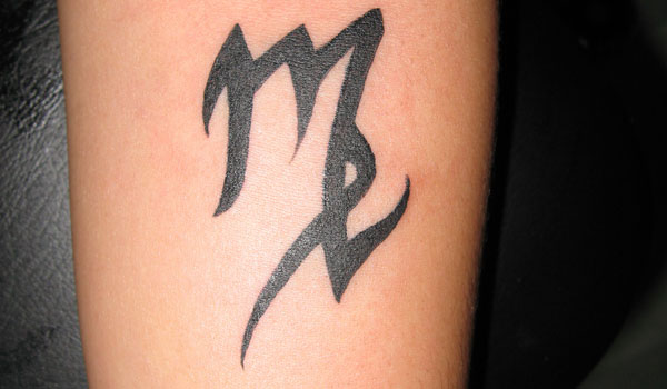Cool Black Ink Virgo Zodiac Sign Tattoo Design For Forearm