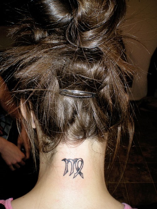 Cool Black Ink Virgo Zodiac Sign Tattoo On Girl Back Neck