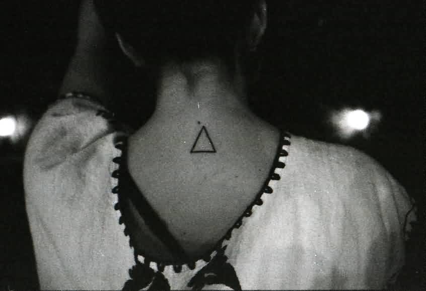 Cool Black Outline Triangle Tattoo On Girl Back Neck