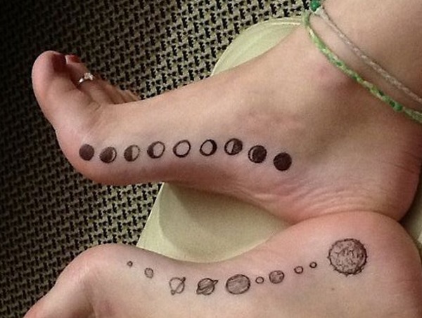 Cool Black Phases Of The Moon Tattoo On Girl Right Foot