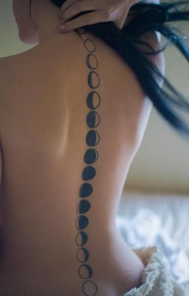 Cool Black Phases Of The Moon Tattoo On Girl Spine