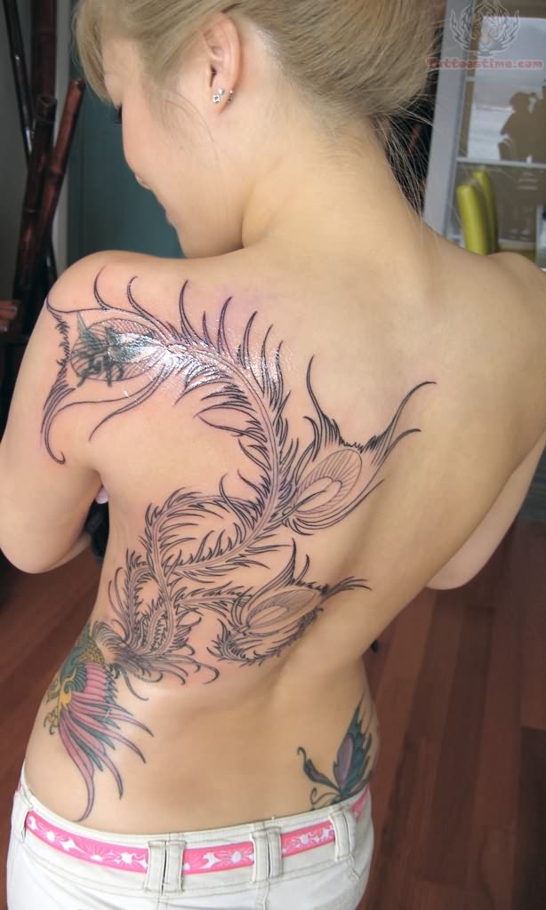 Cool Black Phoenix Tattoo On Girl Upper Back