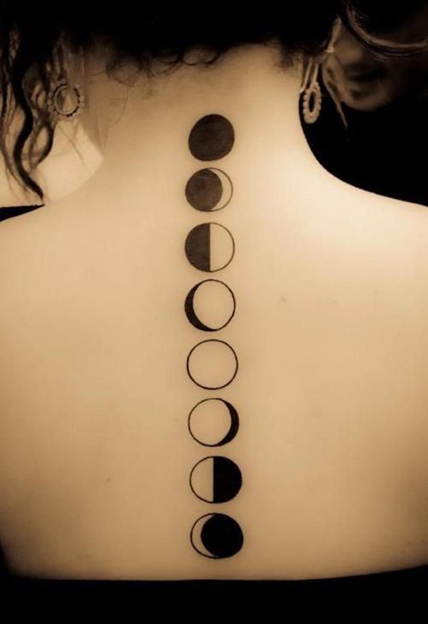 Cool Black Small Phases Of The Moon Tattoo On Girl Upper Back