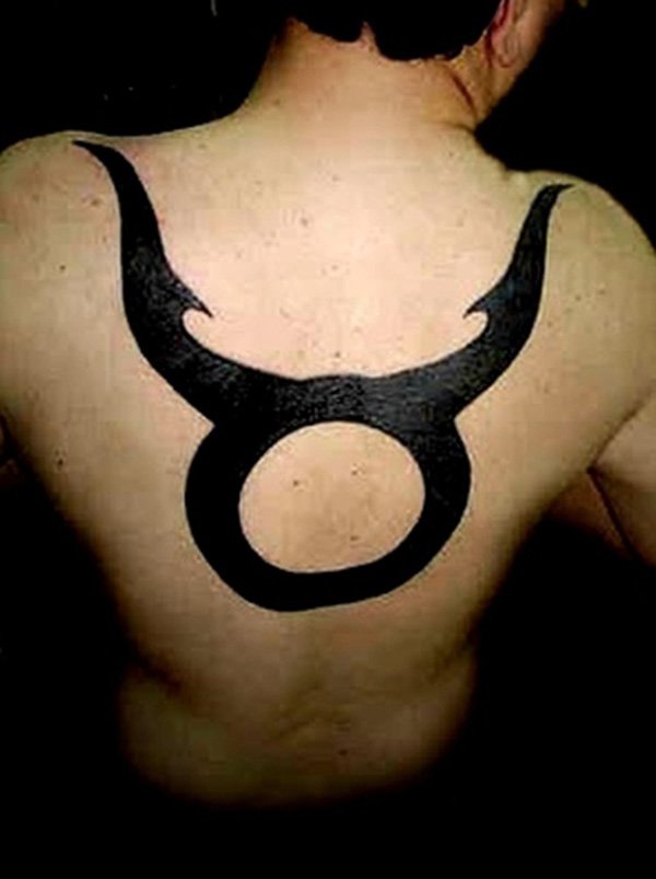 Cool Black Taurus Zodiac Sign Tattoo On Man Upper Back