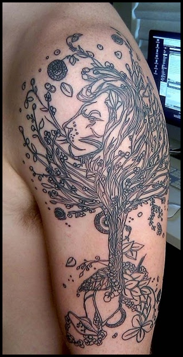 Cool Black Tree Of Life Tattoo On Left Half Sleeve