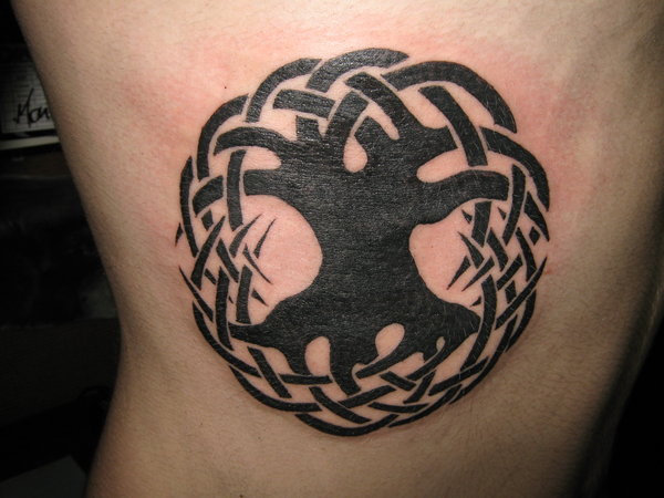 Cool Black Tree Of Life Tattoo On Right Side Rib