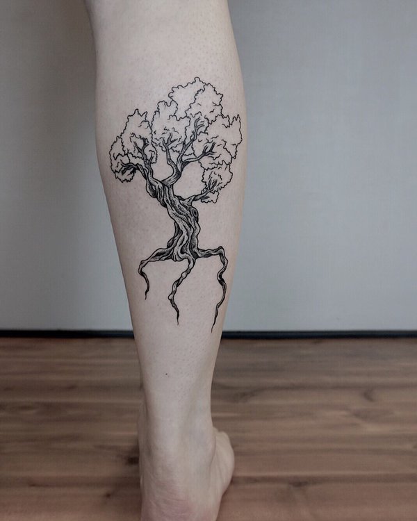 Cool Black Tree of Life Tattoo On Right Leg Calf By sHavYpus