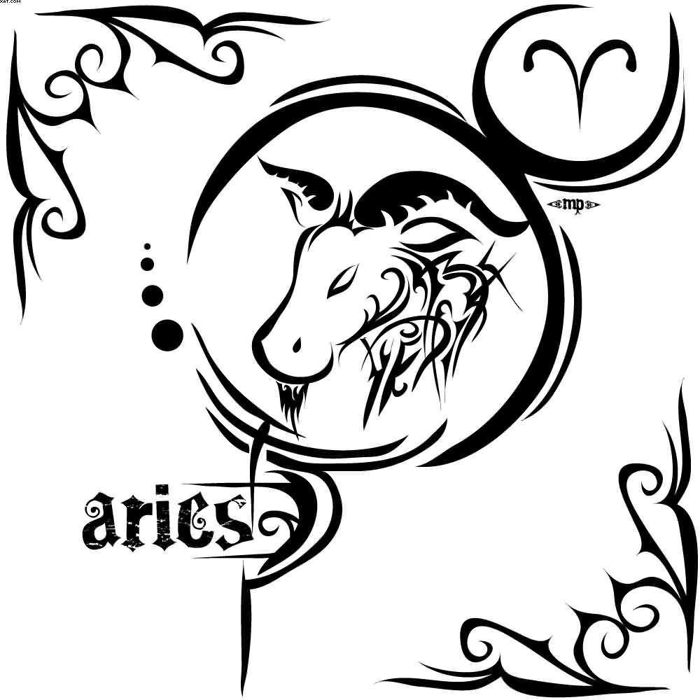 Cool Black Tribal Aries Zodiac Sign Tattoo Stencil