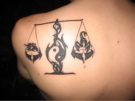 Cool Black Tribal Libra Zodiac Sign With Yin Yang Tattoo On Left Back Shoulder